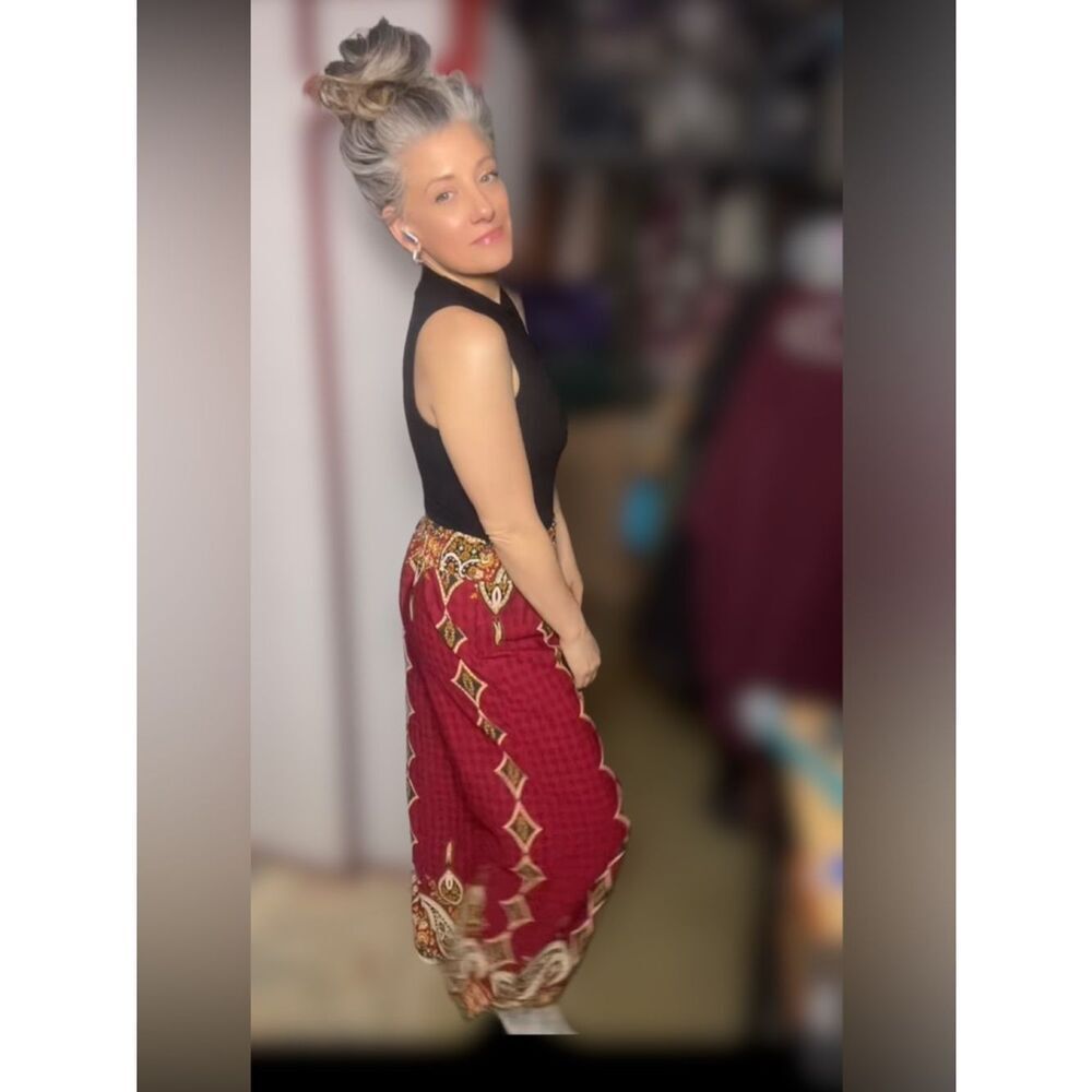 Fashion Nova Burgundy Paisley Patterned Elastic-Waist Wide-Leg Pants (Small) - Picture 16 of 16